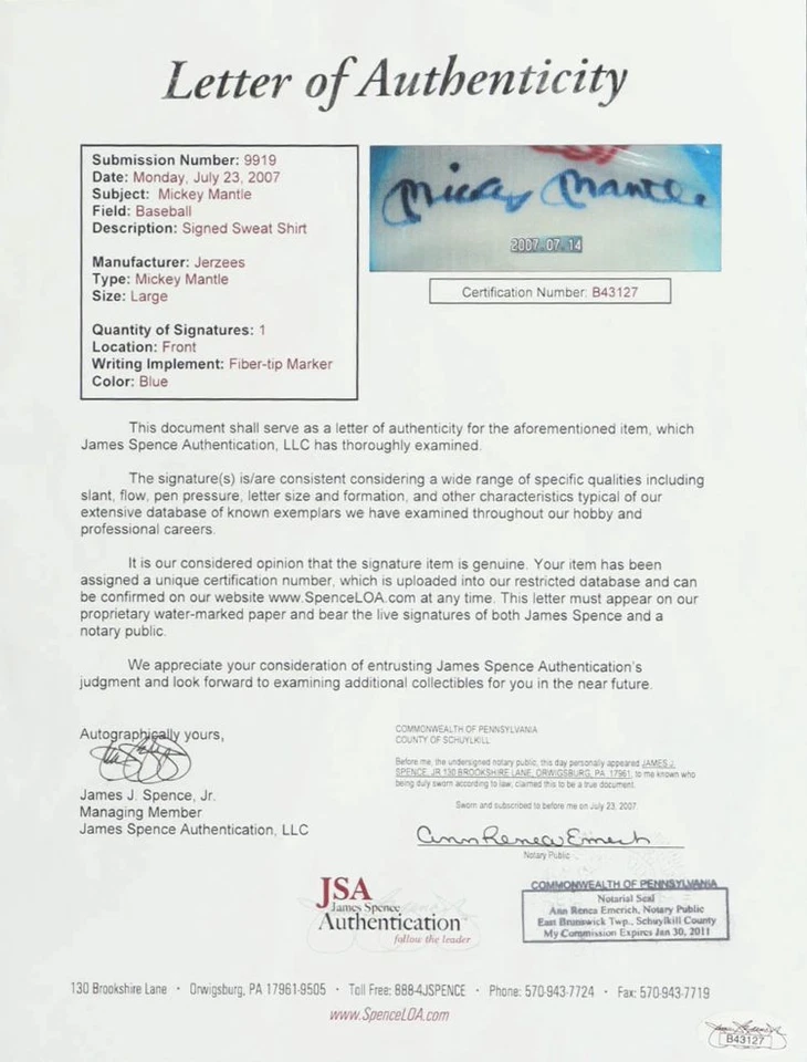 Mickey Mantle Yankees Signed Limited Edition Air Brushed Sweatshirt JSA LOA - Image 4 of 4