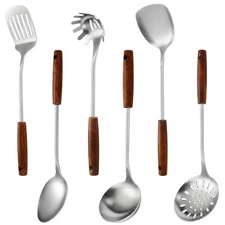304 Stainless Steel Kitchen Utensils Set, 6 Pcs Long Cooking Utensils Set wit...
