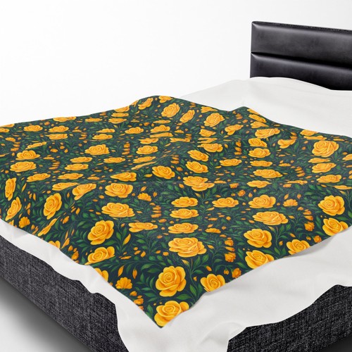 Velveteen Plush Blanket, Yellow Rose Pattern - Cozy Floral Throw, Warm Fleece - Picture 24 of 25
