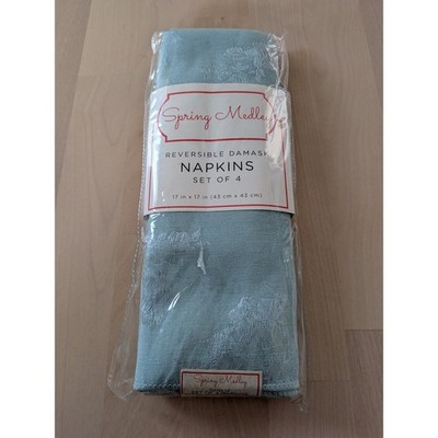 Spring Medley Mist Blue Reversible Damask Floral Napkins Set of 4 17x17 New
