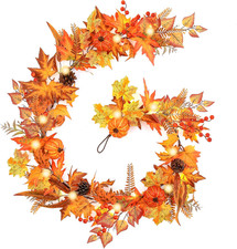 Fall Garland with LED Lights Pumpkins Berries Maple Leaves Thanksgiving Decor