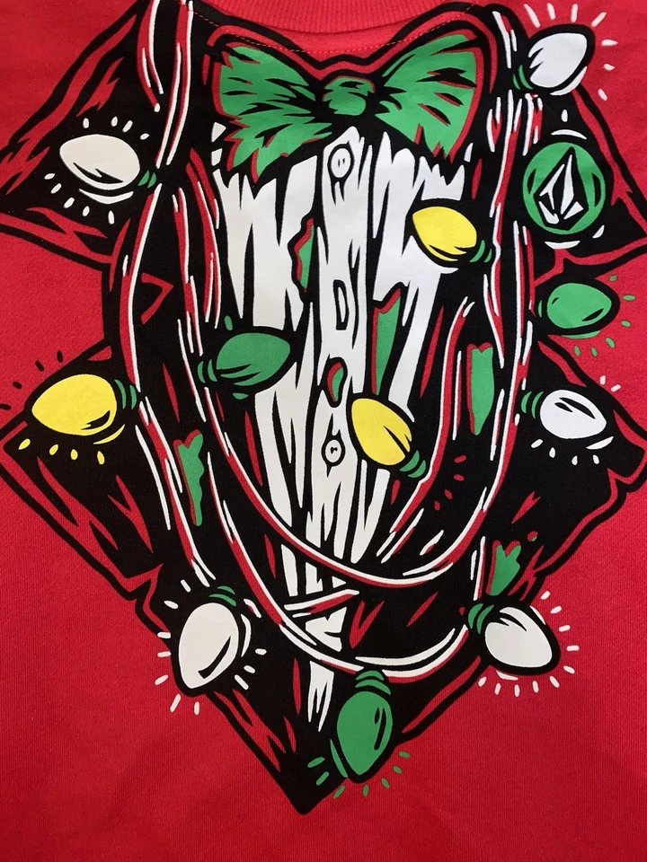Volcom Men’s Large Red Christmas Themed Crew Neck Sweater NOS 2019 Glows In Dark - Image 2 of 4