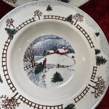 FOLK CRAFT STONEWARE WINTER SIDE 9” SALAD BOWLS WINTER SNOWY TREE SET OF 4