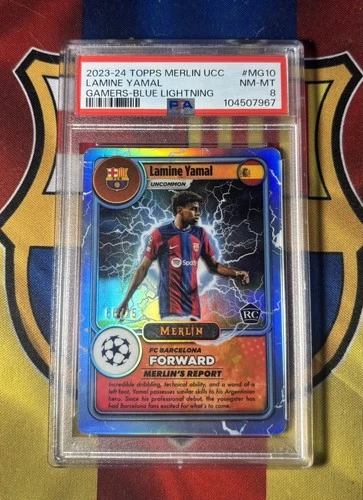 2023-24 TOPPS MERLIN UEFA MERLIN GAMERS LAMINE YAMAL BLUE LIGHTNING /75 PSA 8