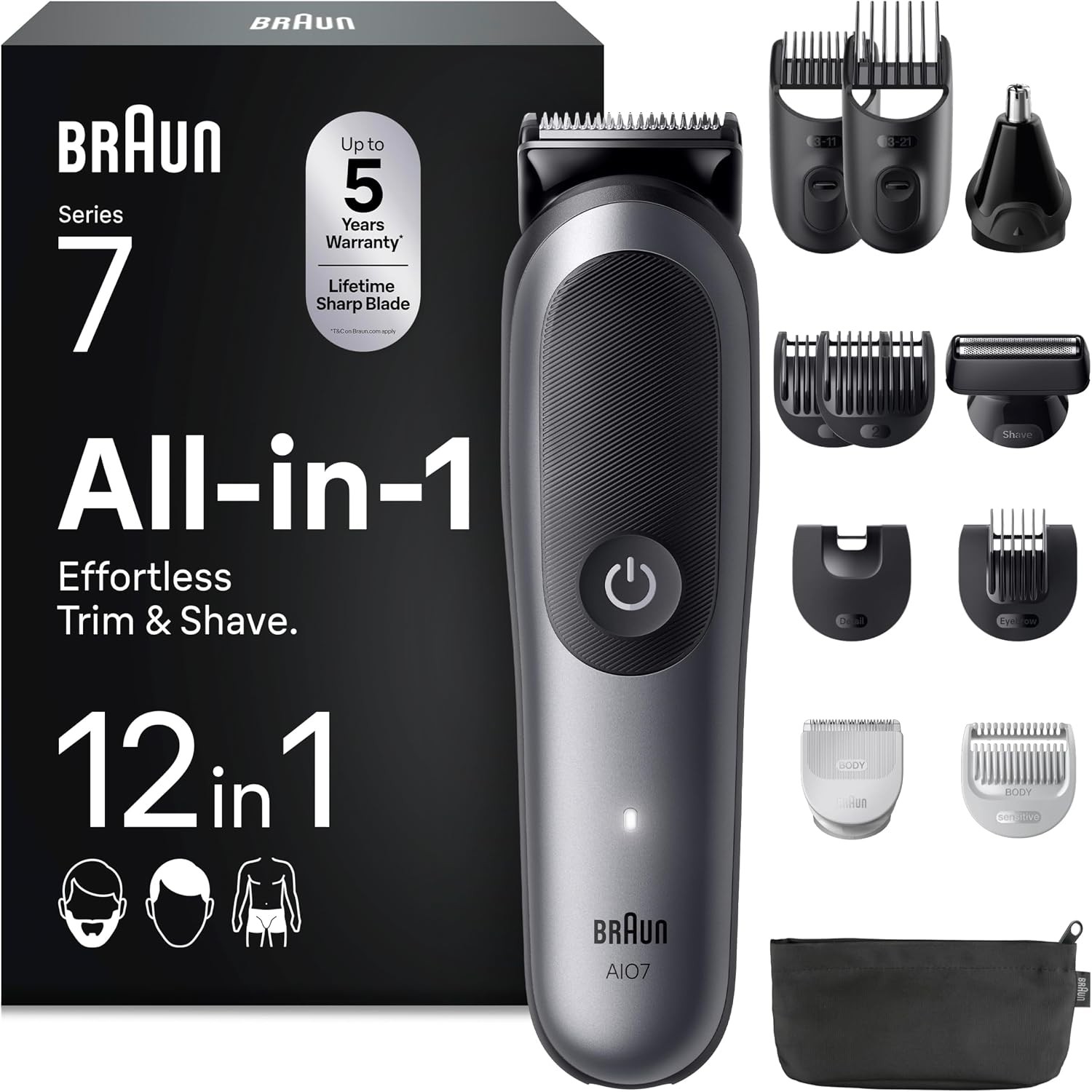 Braun Series 7 All-in-One Grooming Kit for Men, 12-Piece, AIO7545, Grey | MultiGroom Beard Trimmer, Hair Clipper & Body Shaver, ProBlade, AutoSense, SkinGuard, Waterproof, 120 min Cordless Use - Image 3