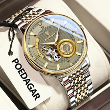 POEDAGAR Herren Uhr Tourbillon Automatik Saphirglas Edelstahl Leuchtend