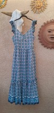 Lucky Brand L Boho Pattern Maxi Sundress Ruffled Straps Flounce Hem Shirred Back