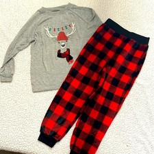 Kids' Two-Piece Pajama Set with Reindeer Graphic and Buffalo Plaid Pants