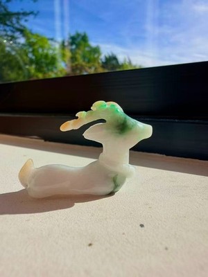 BURMA Jadeite green plus yellow type A deer figurine Pendant burmese jade 翡翠缅黄加绿