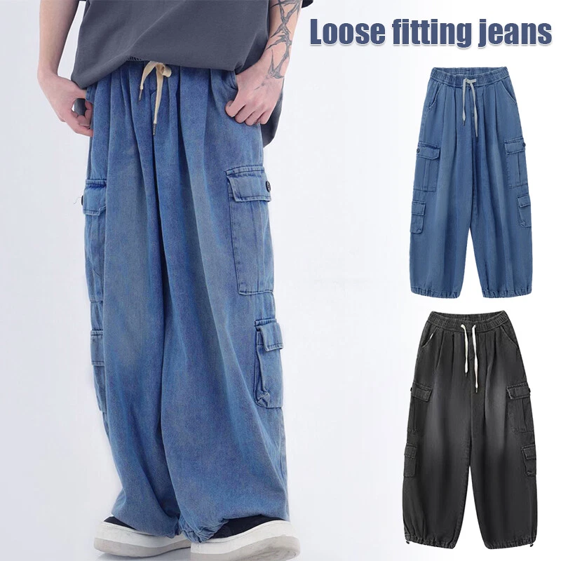 Men Cargo Hip Hop Trousers Denim Baggy Pockets Pants Wide Leg Skateboard Jeans