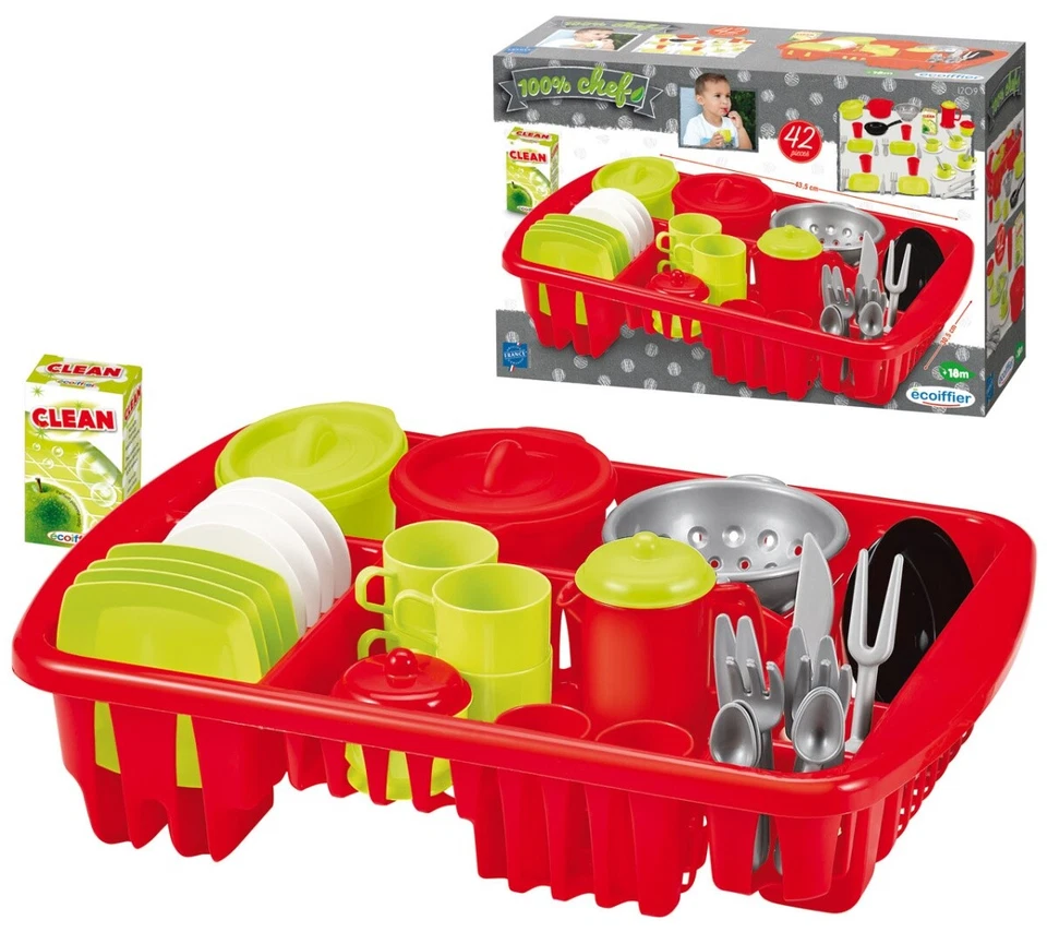ECOIFFIER Geschirrset mit Abtropf-Gitterkorb (Rot) Geschirr Spielzeug Spielküche Kinder