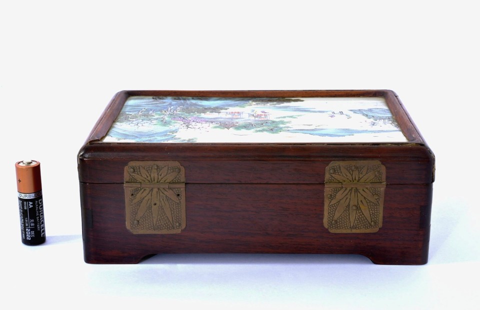 Chinese Famille Rose Porcelain Plaque Inlay Wood Carved Box Landscape