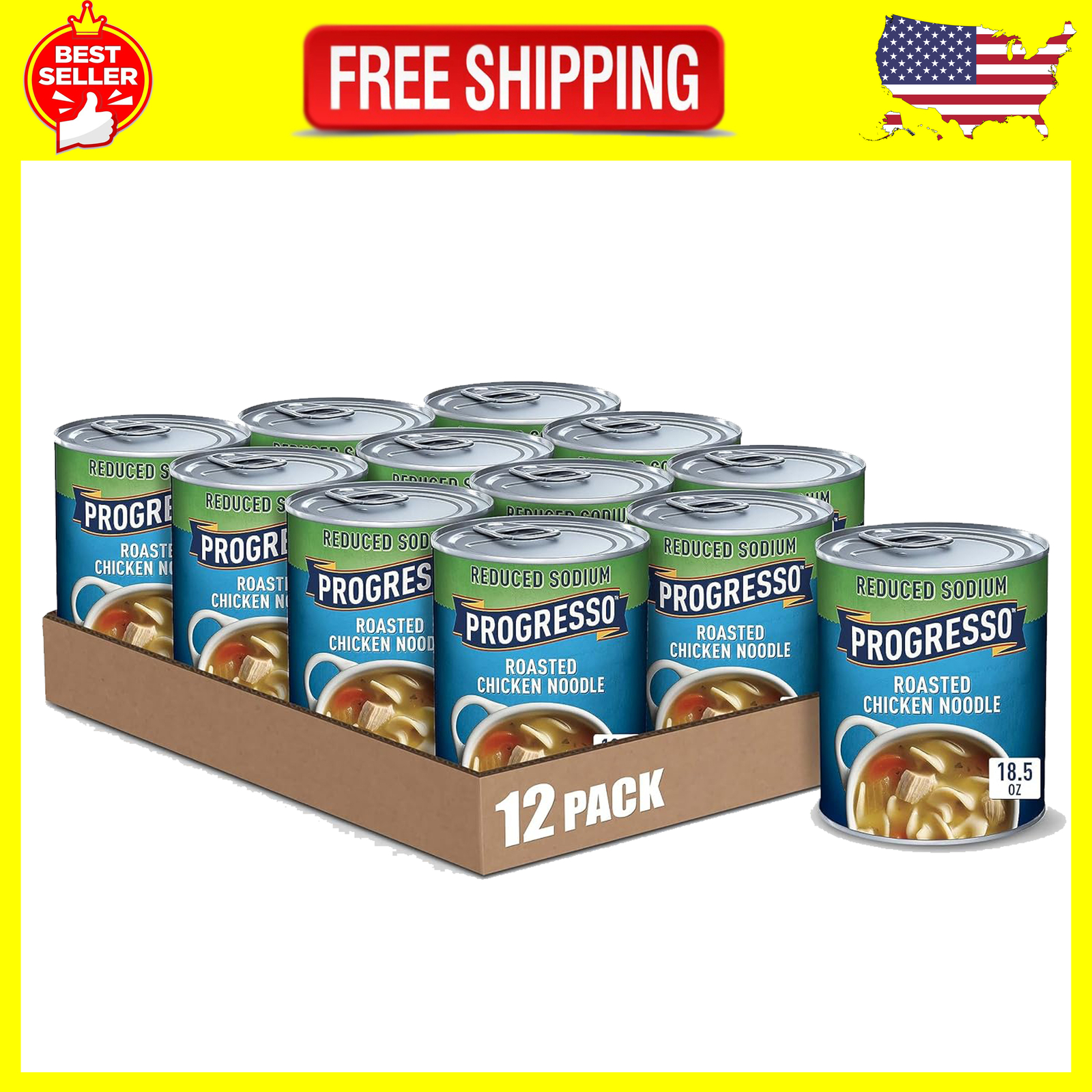 (12 Pack) Progresso Reduced Sodium Roasted Chicken Noodle Soup, 18.5