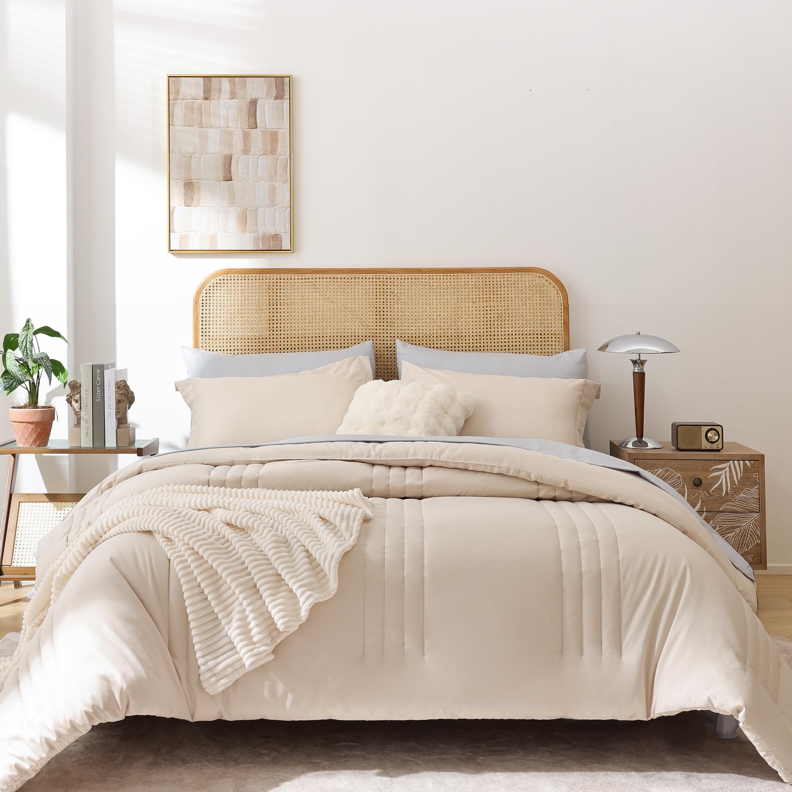 Full Size Comforter Set 7 Pieces, Beige Comforter Full Size with Vertical Str...