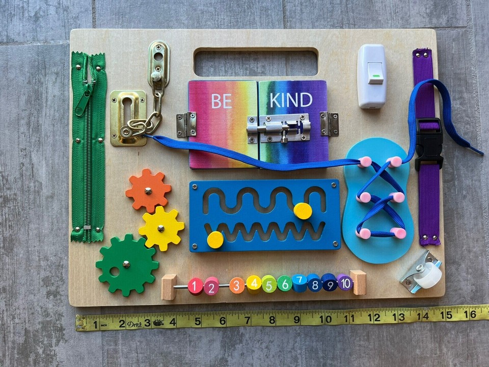 Boutique Wooden Busy Board Baby Toddler Montessori Activity Learning