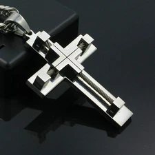 24" Mens Stainless Steel 5mm Silver Cuban Curb Link Chain Necklace Cross Pendant