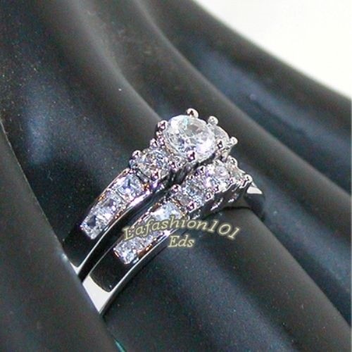 1.35ct Stainless Steel 3 stone type Womens Wedding Engagement 2 Ring Set - Picture 1 of 3