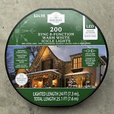 New 200-Count Warm White LED Icicle Lights with 8 Sync Lighting Functions, 24'