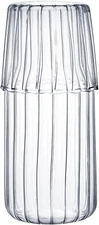 15 Oz Clear Striped Glass Bedside Night Water Carafe with Tumbler Glass.
