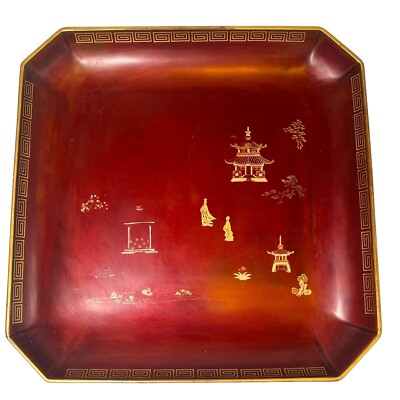 Handmade Maruni Lacquerware Metal Ware Red 12x12 Tray from Occupied Japan Vtg