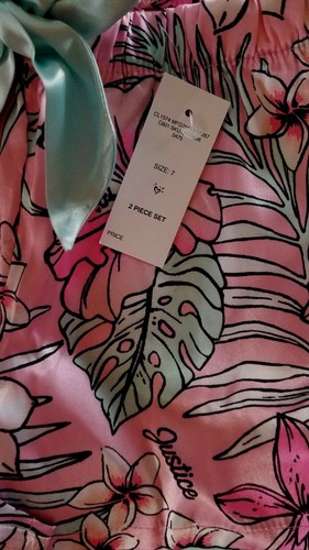 NWT Justice Girls Sz 8 Pajama Set "ALOHA" with Silky Shorts, Top , & Hair Tie - Picture 3 of 6