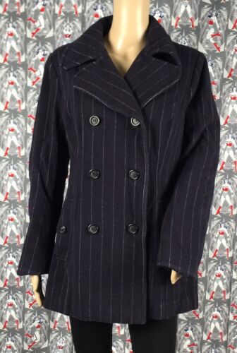 Utex Design Women's Navy Blue Striped Wool Blend Double Breasted Peacoat Size 10 - Picture 1 of 7
