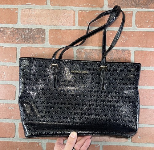 Michael Kors Black Shiny Monogram Tote Handbag
