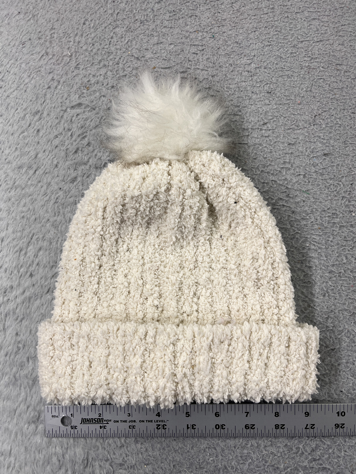 White Faux Fur Pom Knit Beanie for Adults - One Size Winter Ski Toque 100% Polyester-image