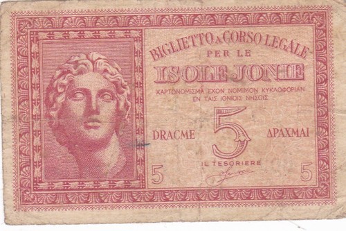 KAPPYS WC1057 GREECE IONIAN ISLANDS WW2 1941 ITALY OCCUPTION FIVE DRACHMA CIRC