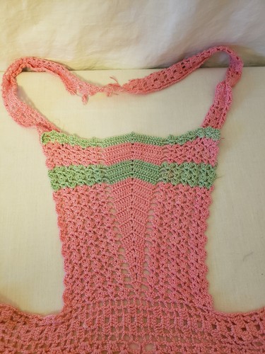 Vintage Crochet Apron 1960s Pink Green with Damage - Picture 5 of 9