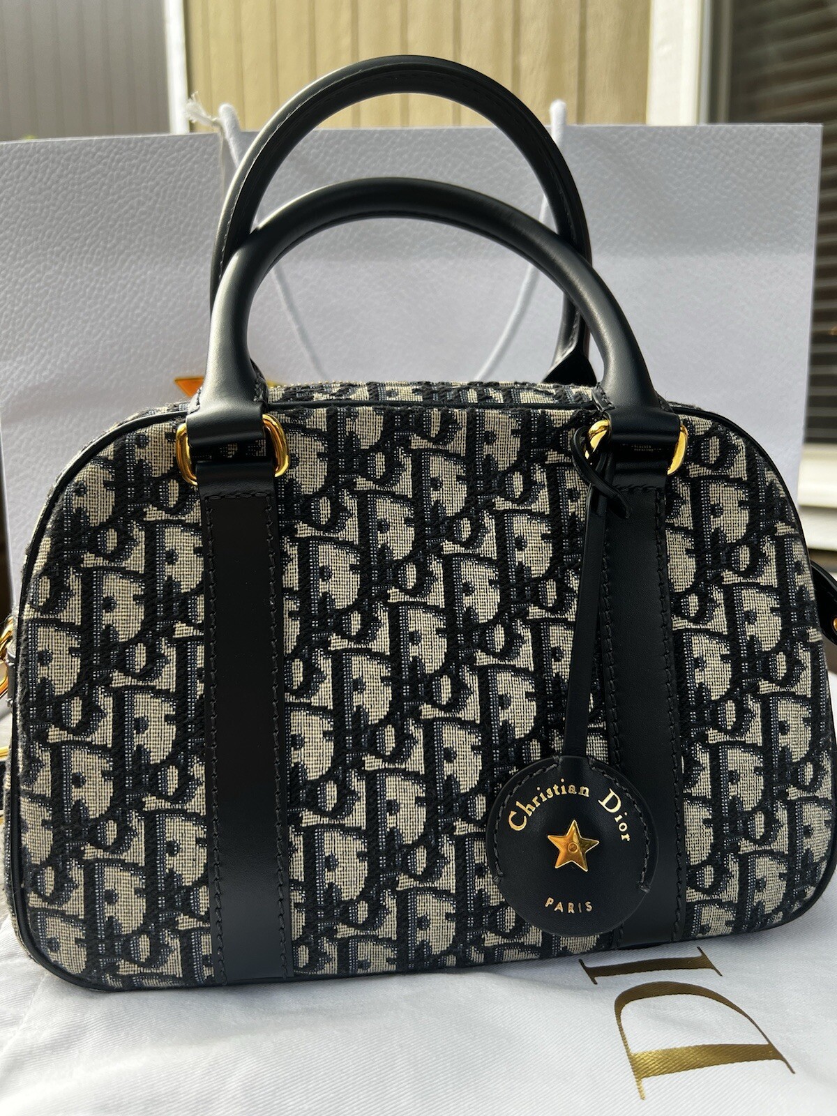 Diorcamp Blue Jacquard Purse with Gold Lock Snap Buckle and Embroidery by Christian Dior