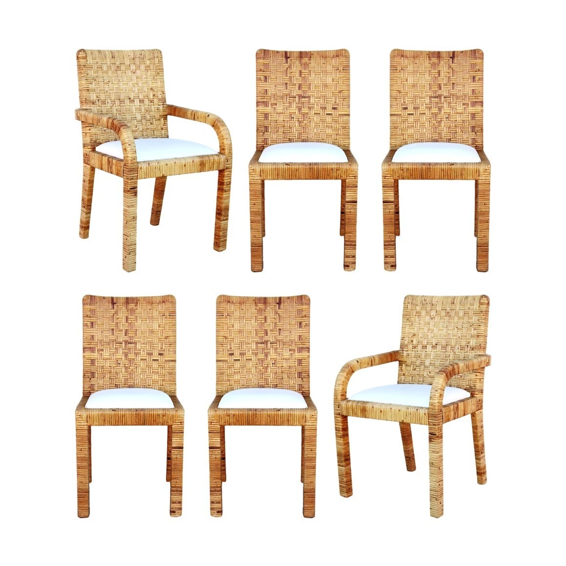 Six Woven Wrapped Rattan Parsons Dining Chairs Bielecky Brothers Baldwin Style