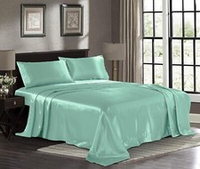 Twin Size Turquoise Satin Bed Sheet Set Extra Soft 1800 Microfiber Wrinkle Fade