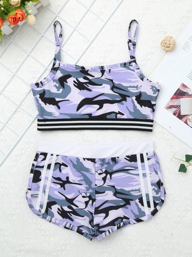 Set tankini bambina tank top + pantaloncini due pezzi costume da bagno sport danza abbigliamento - Foto 30 di 67