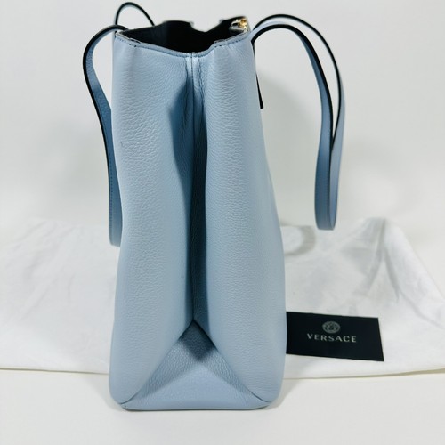 Versace Virtus V Tote Shoulder Bag Grained Calfskin Leather Light Blue NWT $2200 - Picture 9 of 15