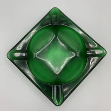 Vintage Dark Green Glass Square Ashtray Cigarettes Cigars Retro MCM 1960s Heavy