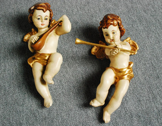 Paar Figuren Figur Engel Angel Putto Putten musizierend Holz ca. 30 cm