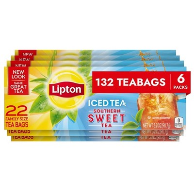 Lipton Family-Sized Black Iced Tea Bags, Southern Sweet 22 ct (Pack of 6) 