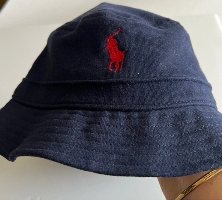RALPH LAUREN POLO COTTON BLEND FLEECE BUCKET HAT NAVY WITH RED SIZE L/XL NWOT Foto 3 de 4