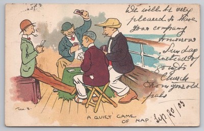 Comic A Quiet Game of Nap Tom Browne Kartenspiel Schiff Deck 1900er