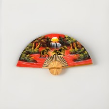 Large Vintage Asian Hand Painted Folding Fan Wall Art Elephants Waterfall Decor