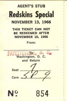 1966 Washington Redskins Sonderausflug Zugticket - Fayetteville, NC