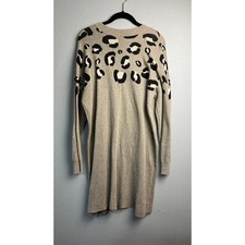 Leopard Print Knit Long Sleeve Sweater Dress Taupe Black Crew Neck Cozy Casual