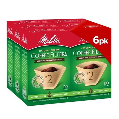 Melitta #2 Cone Coffee Filters, 100 Count (Pack of 6), Natural Brown No 2 