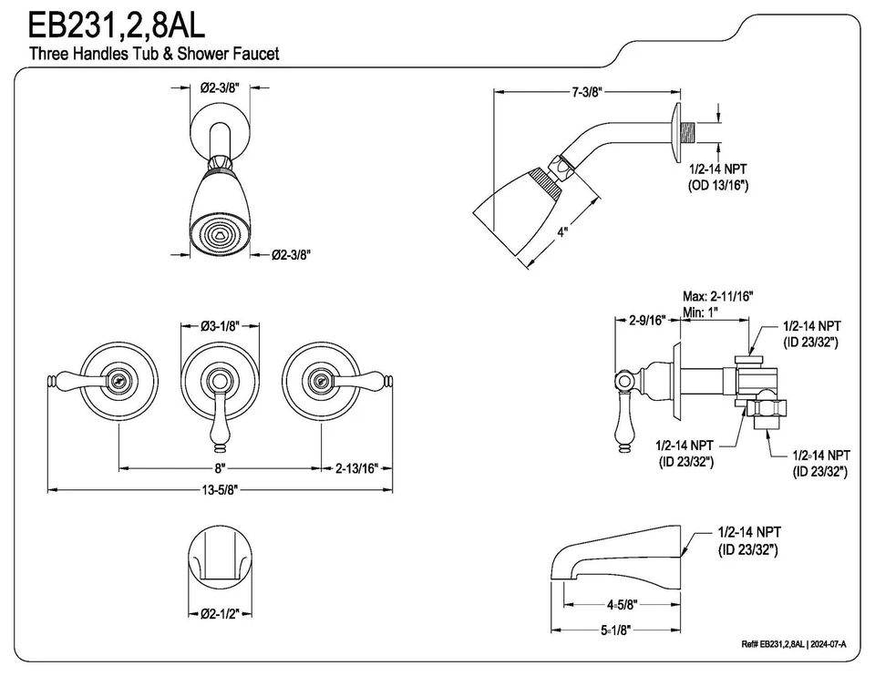 Elements of Design Magellan EB235AL Three Handle Tub and Shower Faucet, Bronze - Image 2 of 2