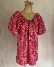 Mini DRESS TOP Smock Pockets Scoop peasant neck COTTON Big puff sleeve Sz S Boho