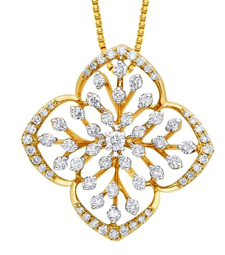Pendentif Fleur En Or 14 Carats Jaune Avec 13 Diamants (0,80 Carat) - État Comme Neuf Sans Emballage