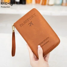 RFID Leather Travel Passport Case Cover Zipper Wallet Card Holder with Wristband
