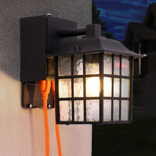 Outdoor Porch Light with 2 GFCI Outlet, Dusk to Dawn Lux Sensor Wall Light, Anti