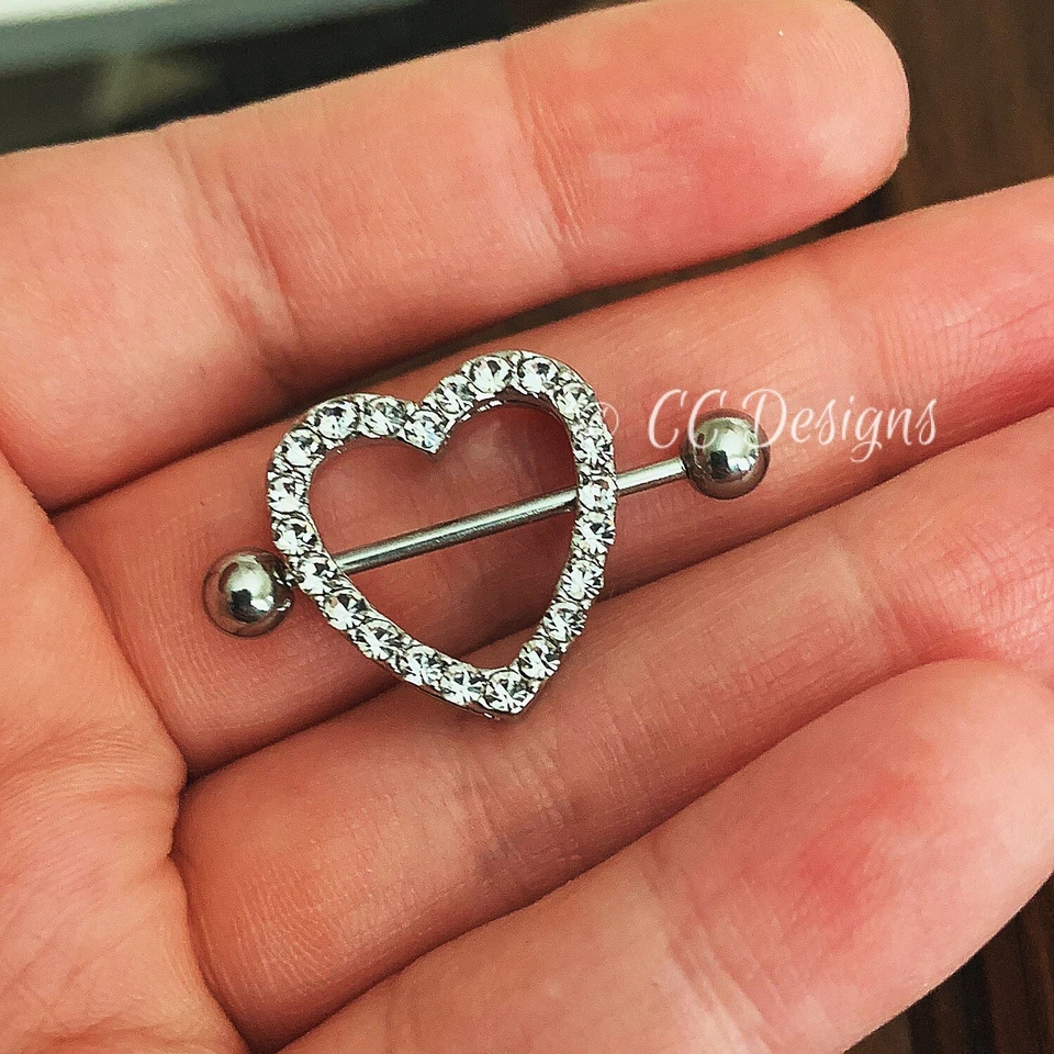 Pair 14g Cz White Sparkle Heart Rhinestone Nipple Rings Shield (J141-144) - Image 2 of 3